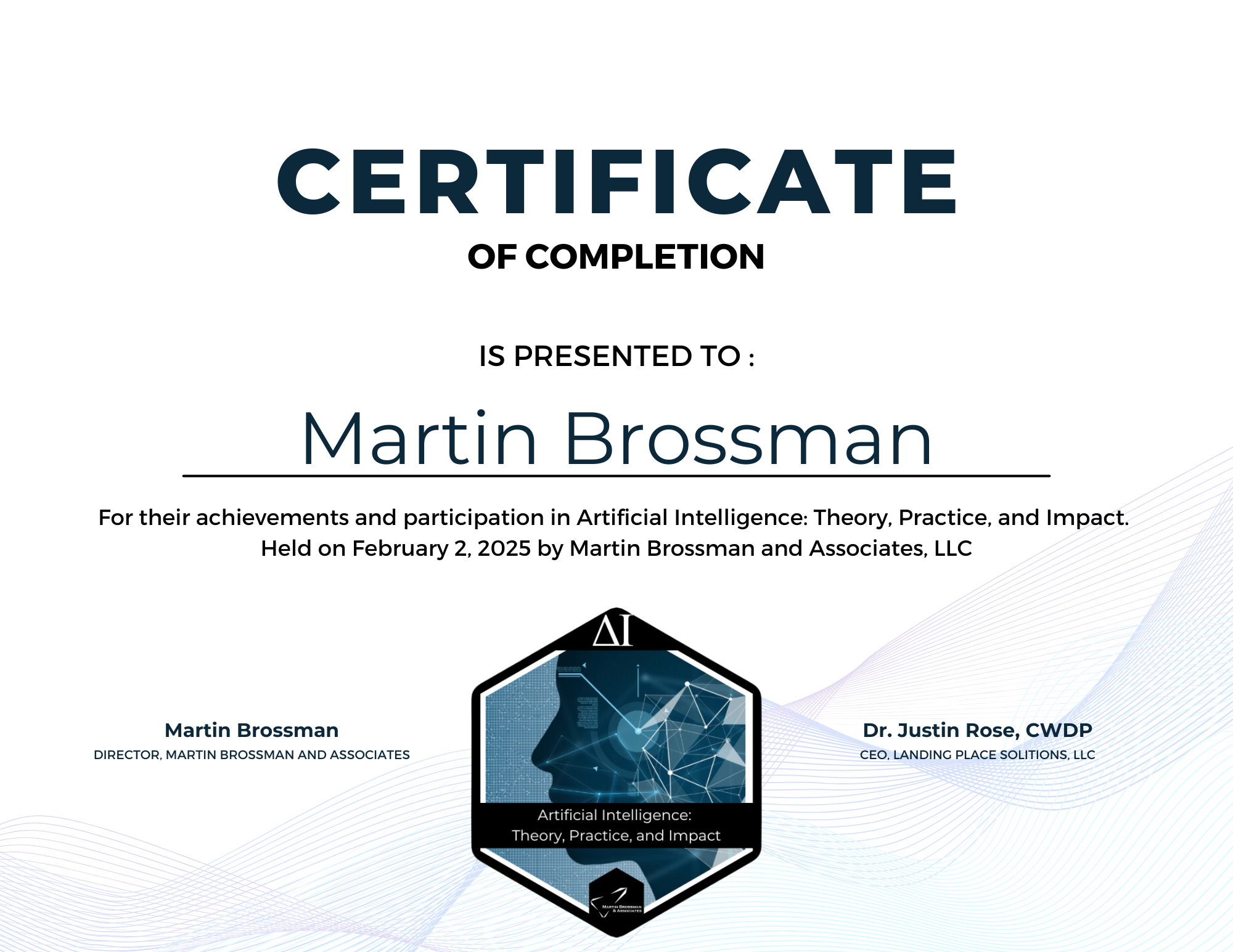 Certificate of completion for AI training. 